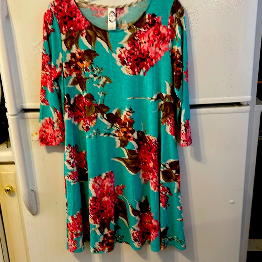 2 B Together Aqua & Hot Pink Floral Print Dress Size Small.Poly Hydrangeas (16)